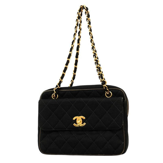 Chanel Shoulder Bag Matelasse Cotton Black Gold Hardware Women