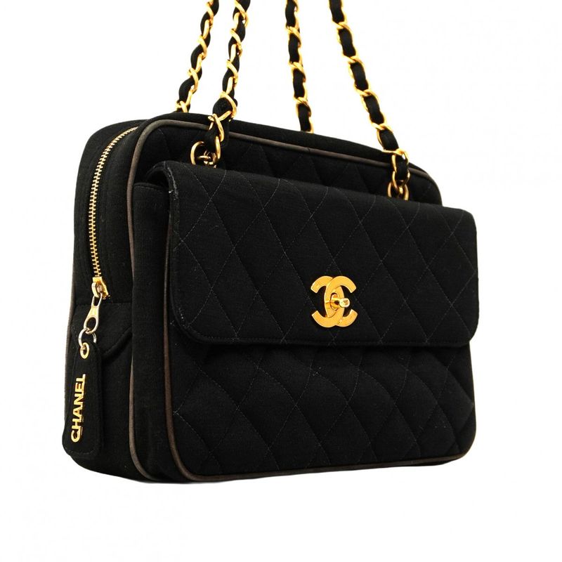 Chanel Shoulder Bag Matelasse Cotton Black Gold Hardware Women