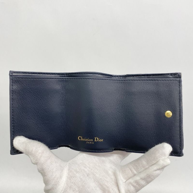Christian Dior Trifold Wallet Oblique Jacquard Canvas Navy Gold Hardware Women