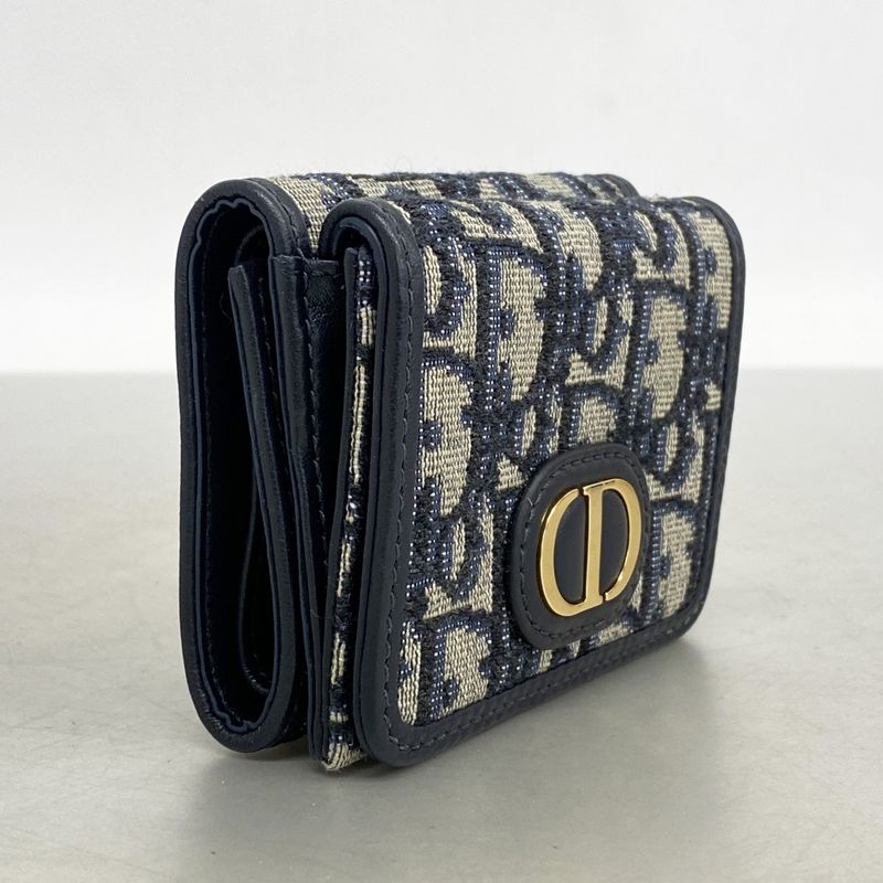 Christian Dior Trifold Wallet Oblique Jacquard Canvas Navy Gold Hardware Women