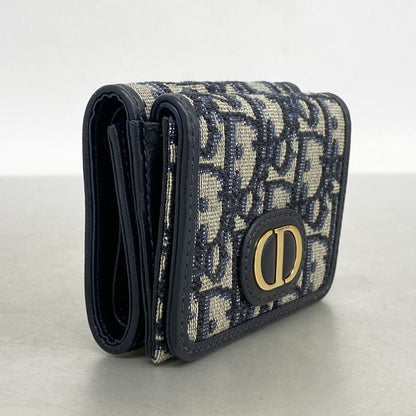 Christian Dior Trifold Wallet Oblique Jacquard Canvas Navy Gold Hardware Women