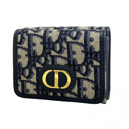 Christian Dior Trifold Wallet Oblique Jacquard Canvas Navy Gold Hardware Women