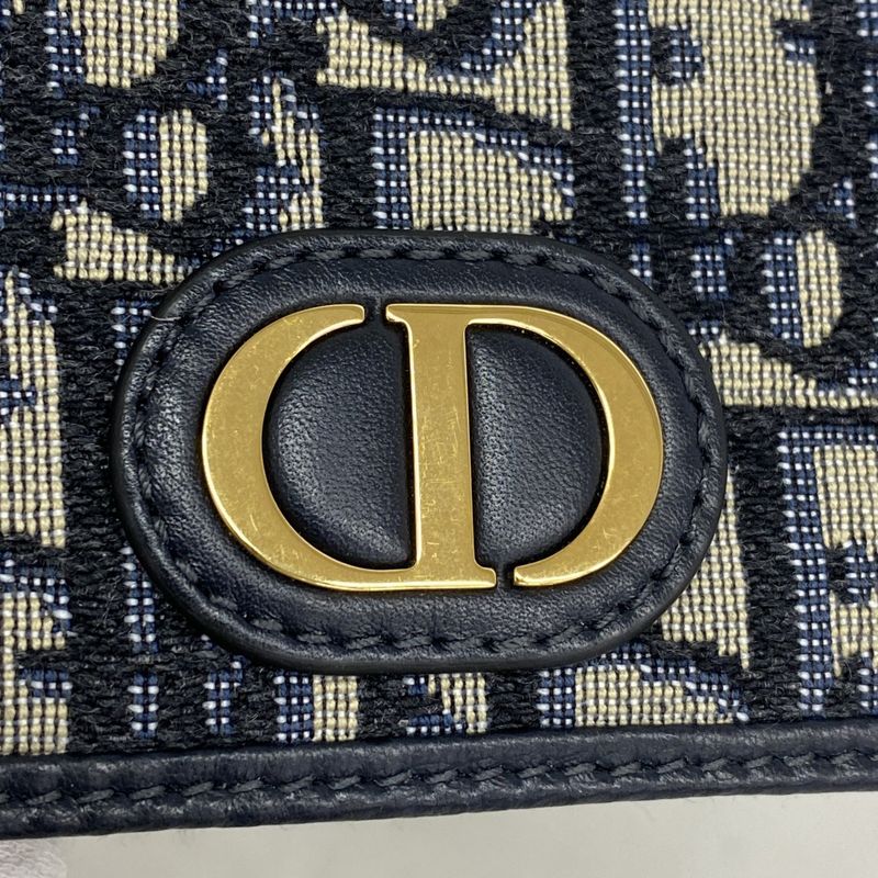 Christian Dior Trifold Wallet Oblique Jacquard Canvas Navy Gold Hardware Women