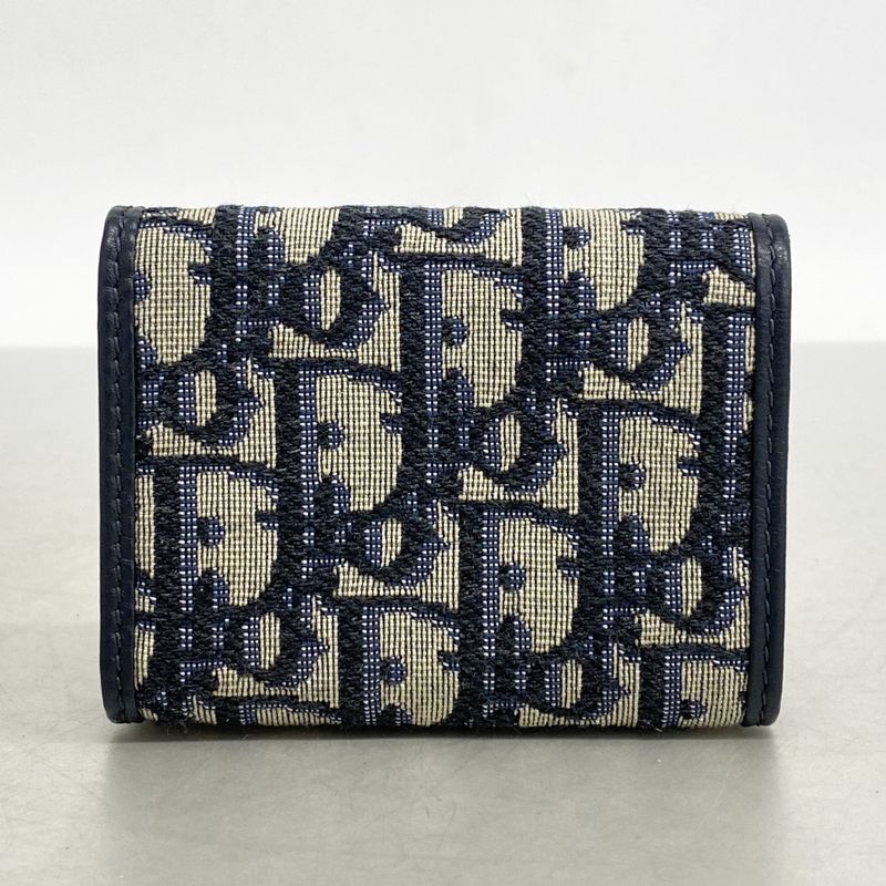 Christian Dior Trifold Wallet Oblique Jacquard Canvas Navy Gold Hardware Women