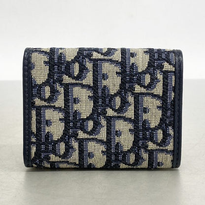 Christian Dior Trifold Wallet Oblique Jacquard Canvas Navy Gold Hardware Women