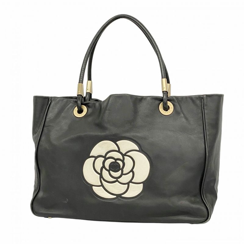 Chanel Tote Bag Camellia Lambskin Black Chien Pan Gold Hardware Women's
