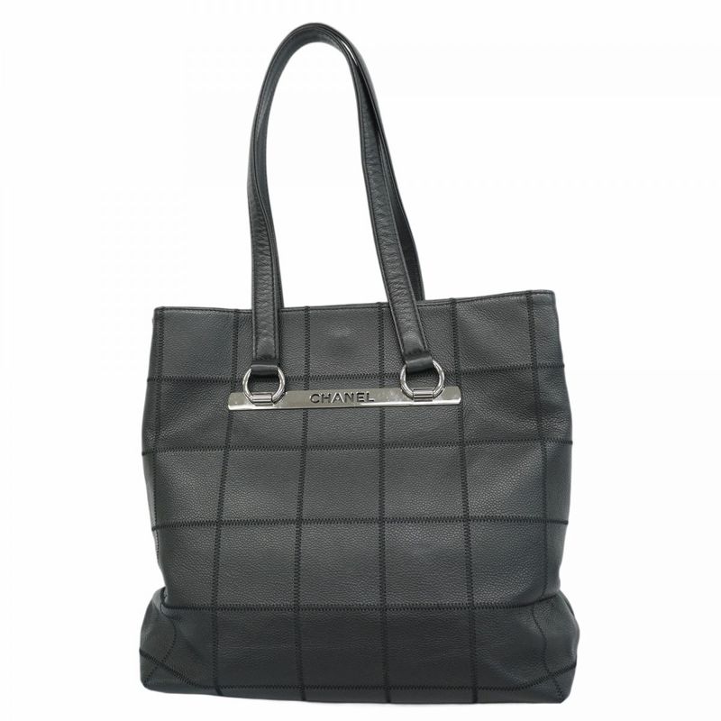 Chanel Tote Bag Choco Bar Caviar Skin Black Silver Hardware Women