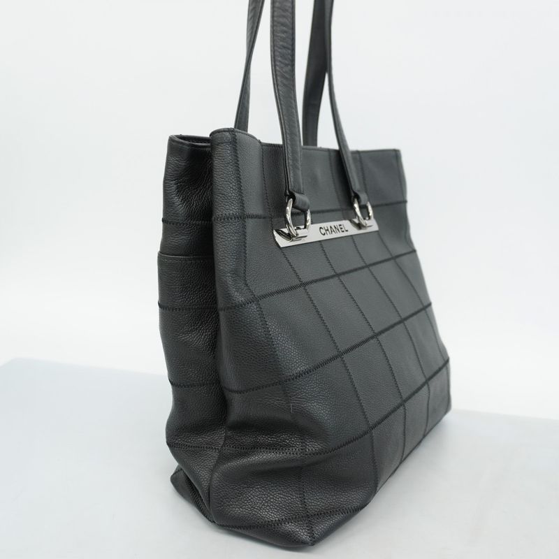 Chanel Tote Bag Choco Bar Caviar Skin Black Silver Hardware Women