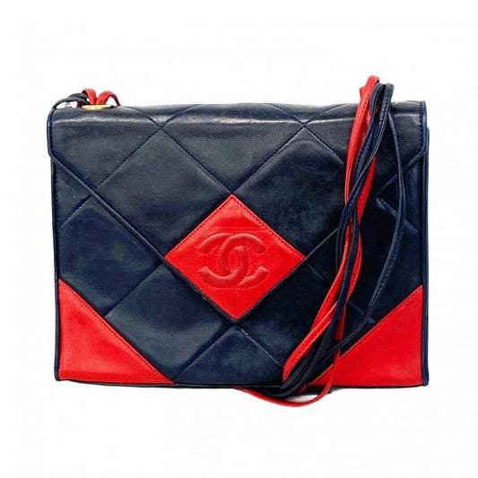 Chanel Shoulder Bag Matelasse Lambskin Navy Red Gold Hardware Women