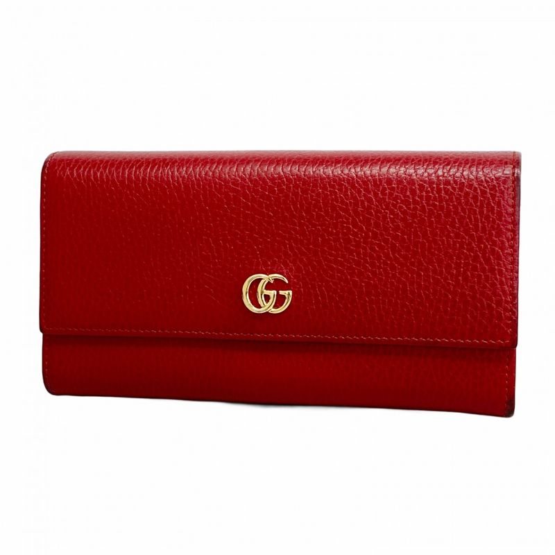 Gucci Long Wallet GG Marmont 456116 Leather Red Gold Hardware Women