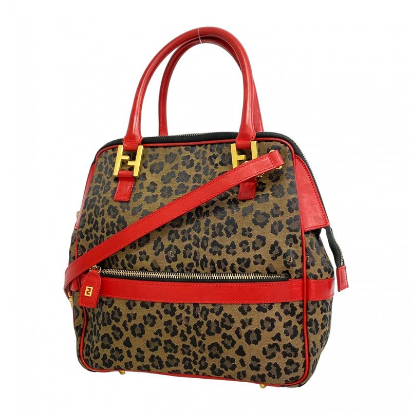 Fendi Handbag Nylon Canvas Brown Red Gold Hardware 2way Bag Womens