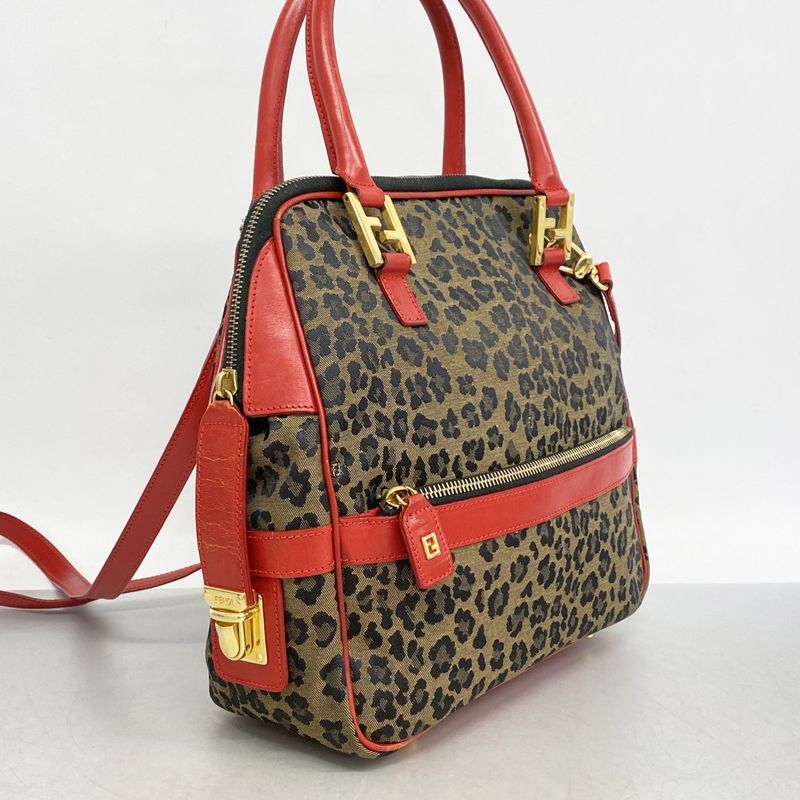Fendi Handbag Nylon Canvas Brown Red Gold Hardware 2way Bag Womens