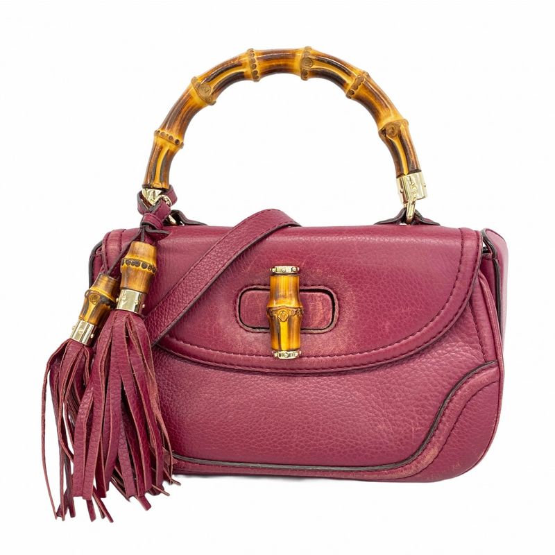 Gucci Handbag New Bamboo 254884 Leather Bordeaux Chien Pan Gold Hardware 2way