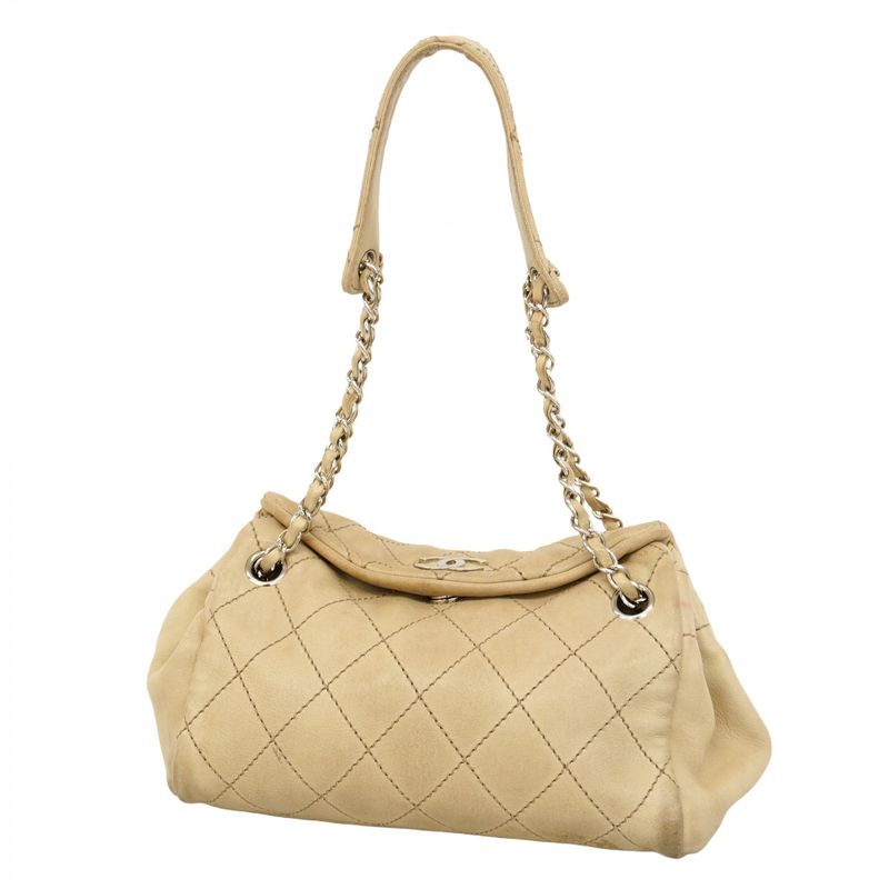 Chanel Shoulder Bag Wild Stitch Lambskin Beige Silver Hardware Women