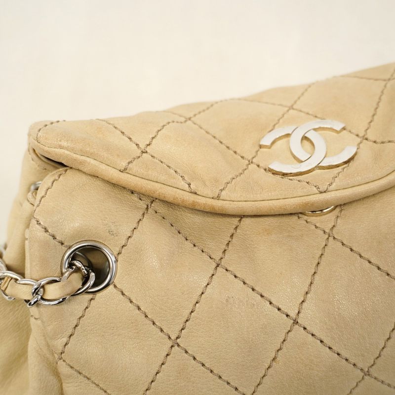 Chanel Shoulder Bag Wild Stitch Lambskin Beige Silver Hardware Women