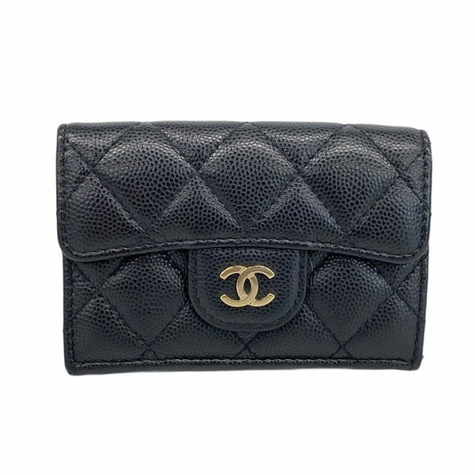 Chanel Trifold Wallet Matelasse Caviar Skin Black Chien Pan Gold Hardware Women