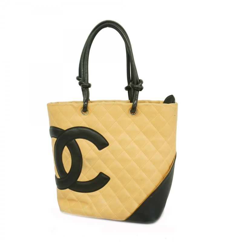 Chanel Tote Bag Cambon Lambskin Beige Black Silver Hardware Women's