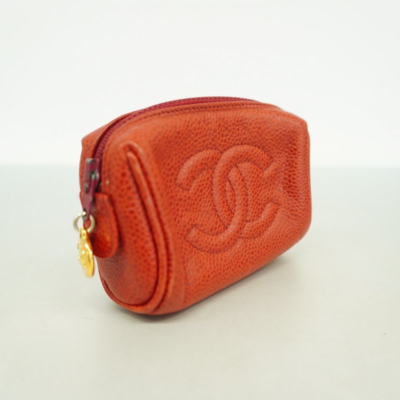 Chanel Coin Case Caviar Skin Red Gold Hardware Women
