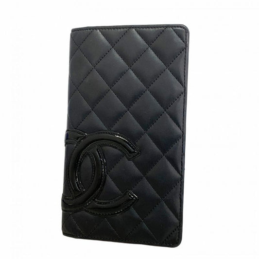 Chanel Long Wallet Cambon Lambskin Black Silver Hardware Women