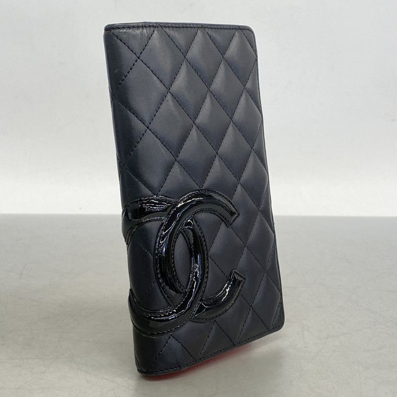 Chanel Long Wallet Cambon Lambskin Black Silver Hardware Women