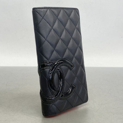 Chanel Long Wallet Cambon Lambskin Black Silver Hardware Women