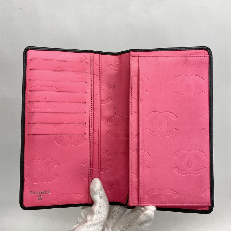 Chanel Long Wallet Cambon Lambskin Black Silver Hardware Women