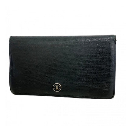 Chanel Long Wallet Coco Button Leather Black Gold Hardware Women