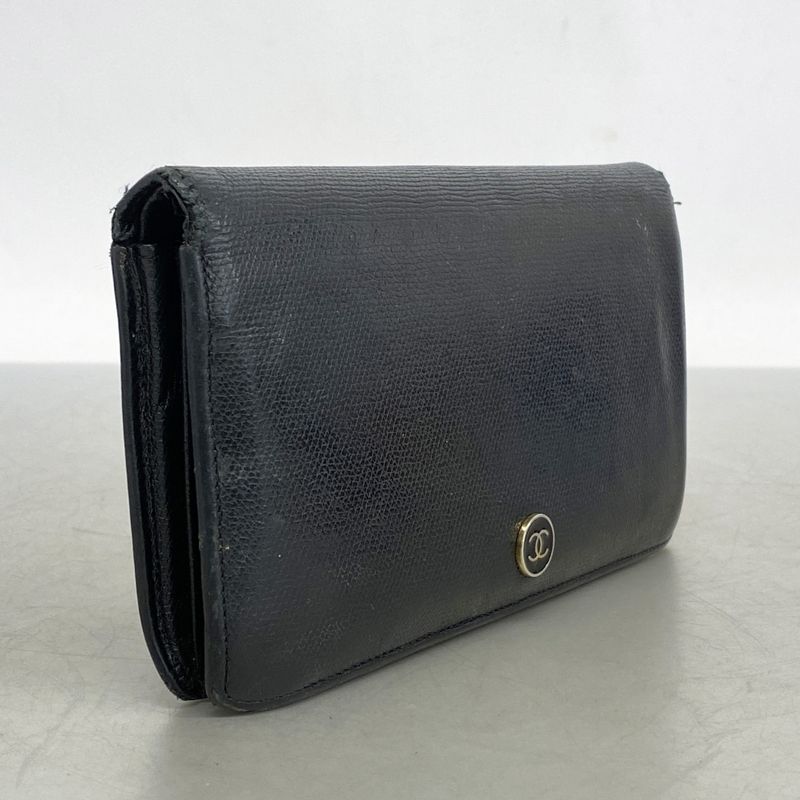 Chanel Long Wallet Coco Button Leather Black Gold Hardware Women