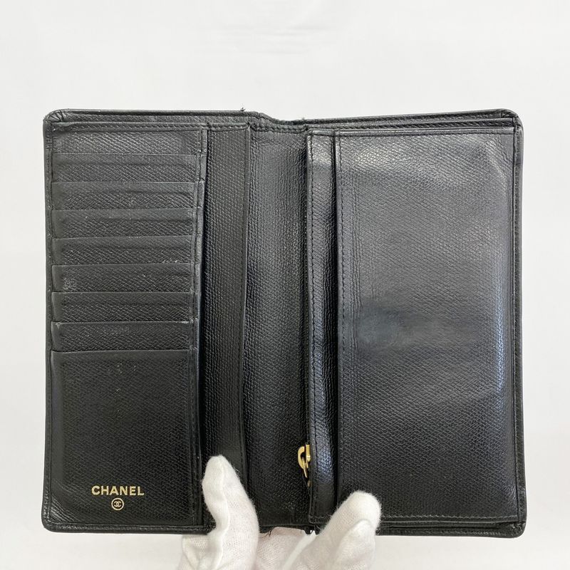Chanel Long Wallet Coco Button Leather Black Gold Hardware Women