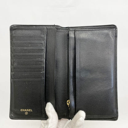 Chanel Long Wallet Coco Button Leather Black Gold Hardware Women