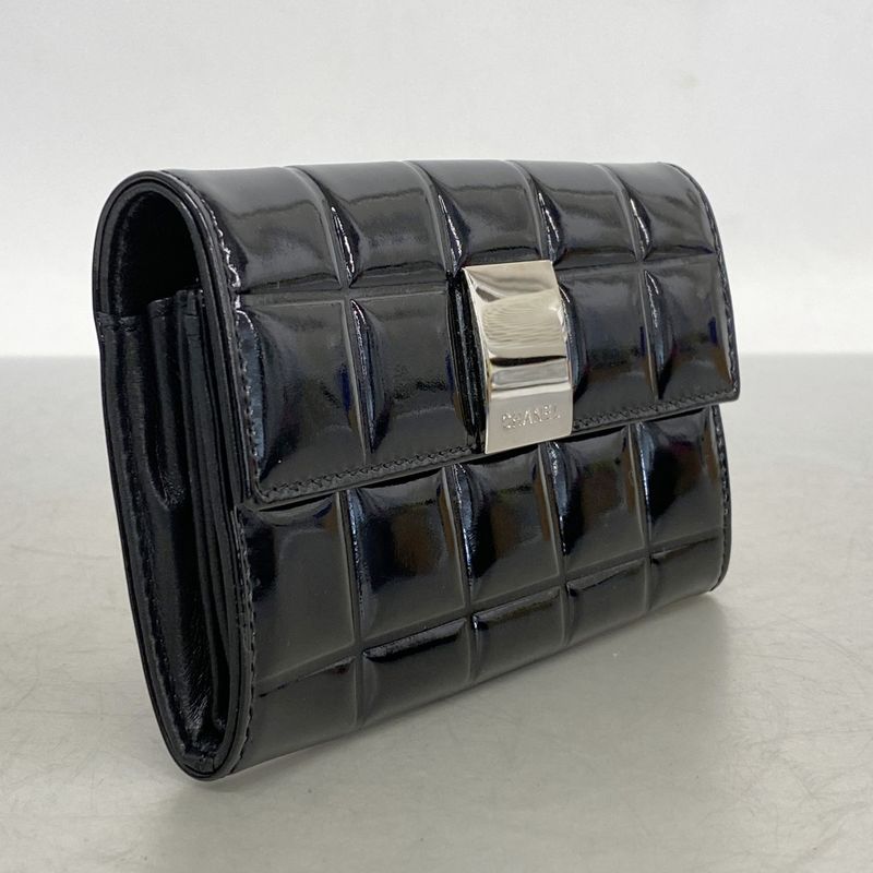 Chanel Card Case Choco Bar Patent Leather Black Silver Hardware Women