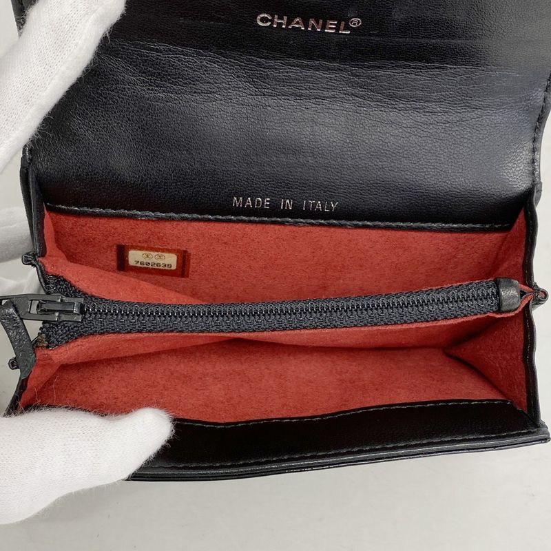 Chanel Card Case Choco Bar Patent Leather Black Silver Hardware Women