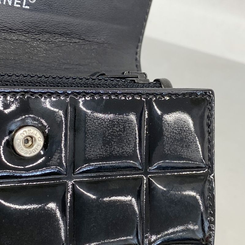 Chanel Card Case Choco Bar Patent Leather Black Silver Hardware Women