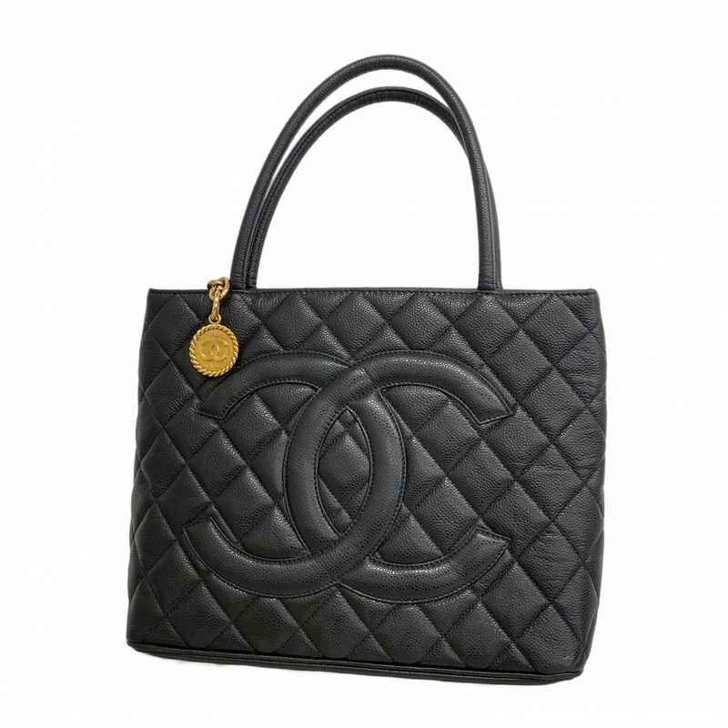 Chanel Tote Bag Revival Tote Caviar Skin Black Gold Hardware Women's
