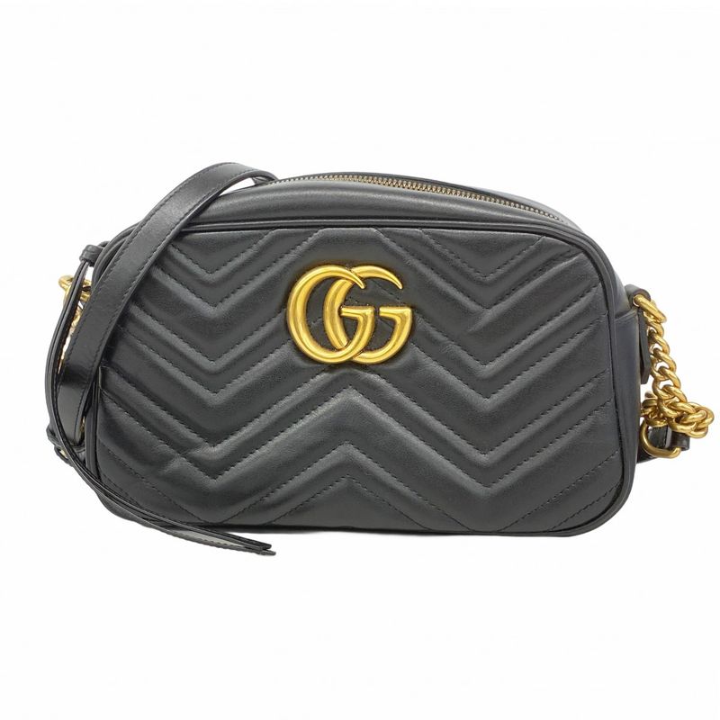 Gucci Shoulder Bag GG Marmont 447632 Leather Black Gold Hardware Women