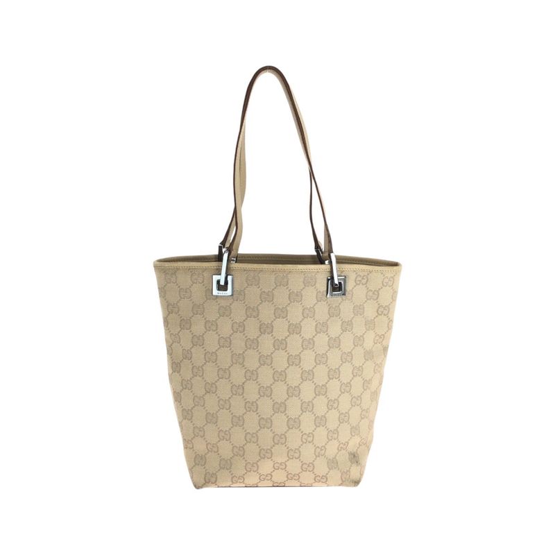 Gucci Beige Brown Silver Hardware GG Canvas Leather 31244 Tote Bag Shoulder Bag