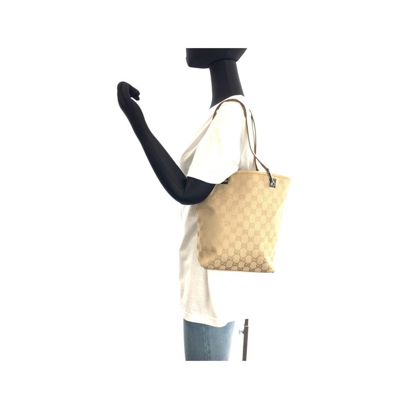 Gucci Beige Brown Silver Hardware GG Canvas Leather 31244 Tote Bag Shoulder Bag