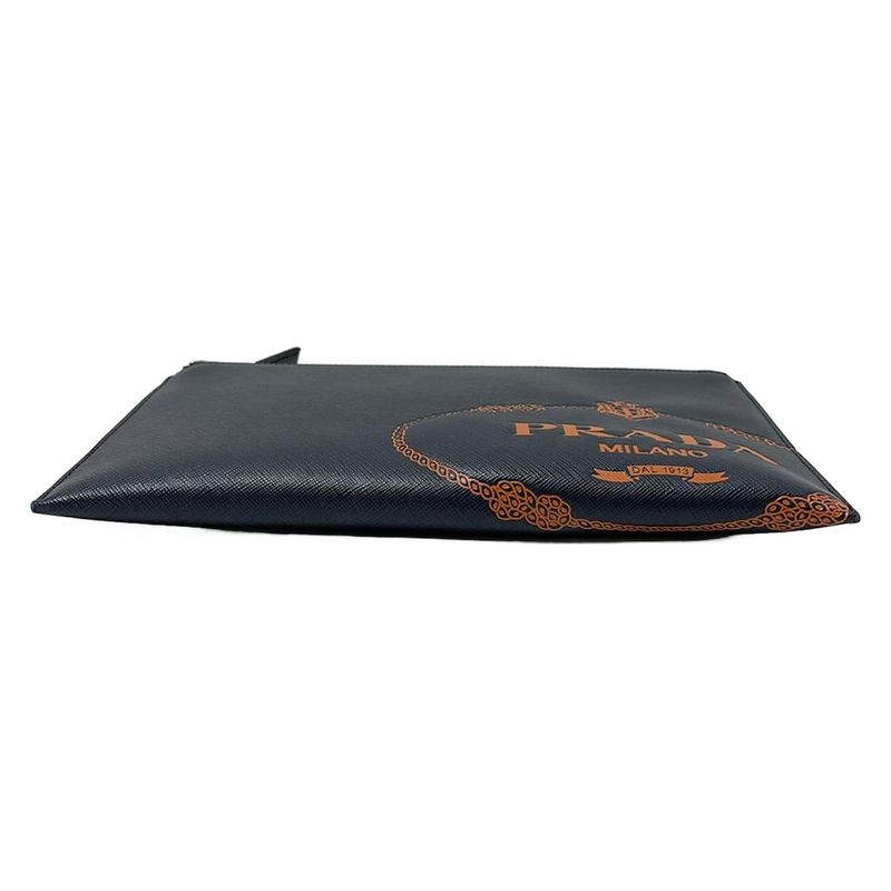 Prada Clutch Bag - Dark Navy And Orange Shape Stamped Leather