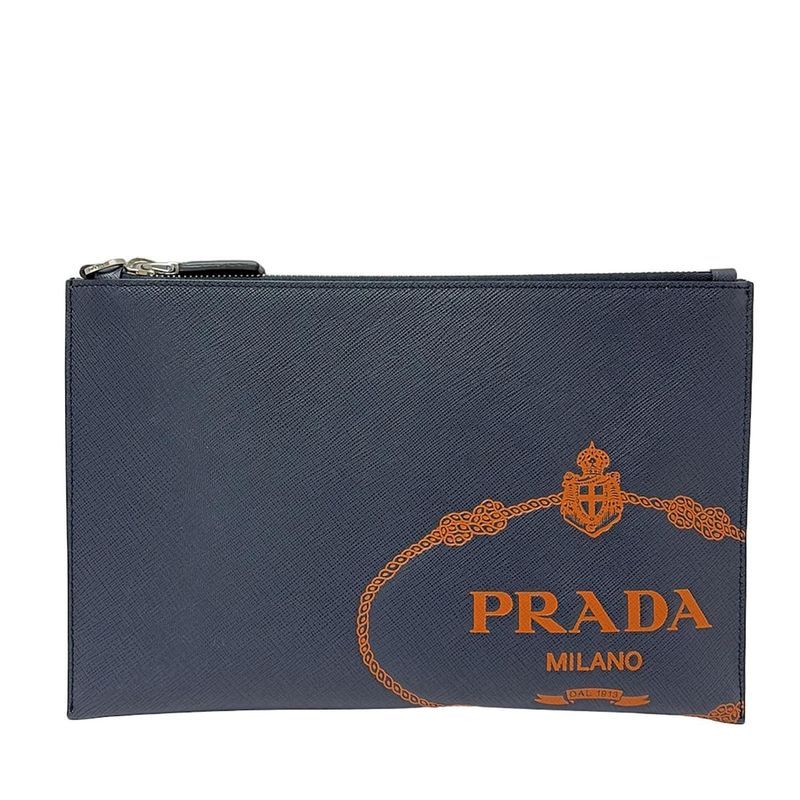 Prada Clutch Bag - Dark Navy And Orange Shape Stamped Leather