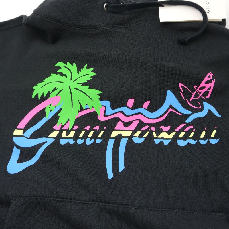 Gucci Hawaiian Logo Print Hoodie 626989 S Cotton Black Pullover Hoodie Degree