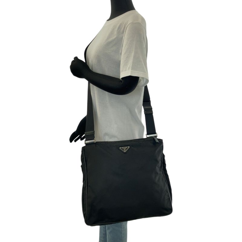 Prada Tessuto Triangle Logo Plate Unisex Black Nylon Crossbody Shoulder Bag