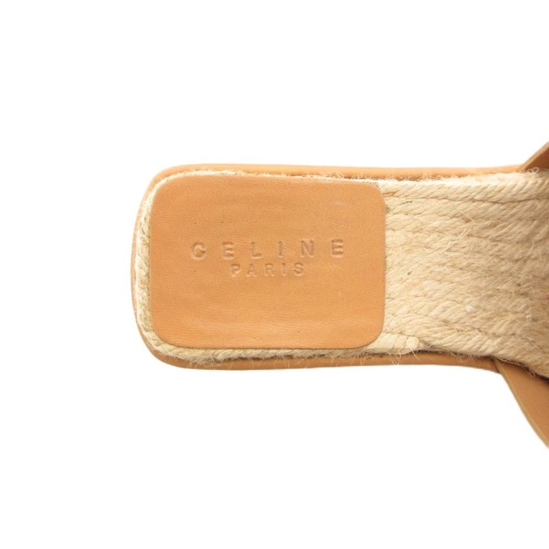 Celine Wedge Sole Sandals Mules Jute Leather 36 Logo Brown GV