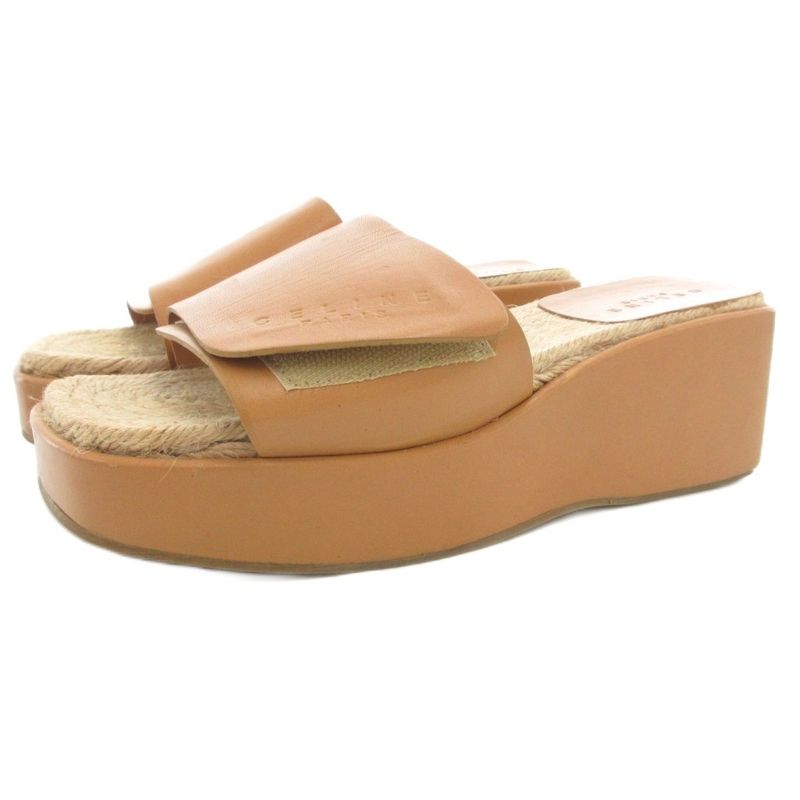 Celine Wedge Sole Sandals Mules Jute Leather 36 Logo Brown GV