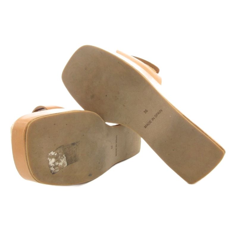 Celine Wedge Sole Sandals Mules Jute Leather 36 Logo Brown GV