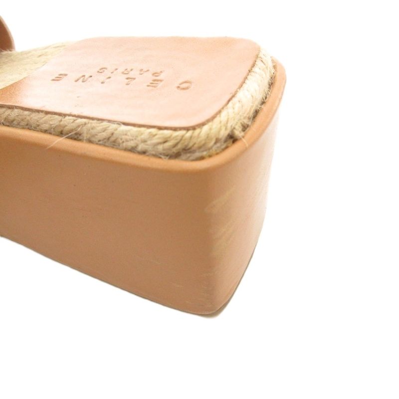 Celine Wedge Sole Sandals Mules Jute Leather 36 Logo Brown GV