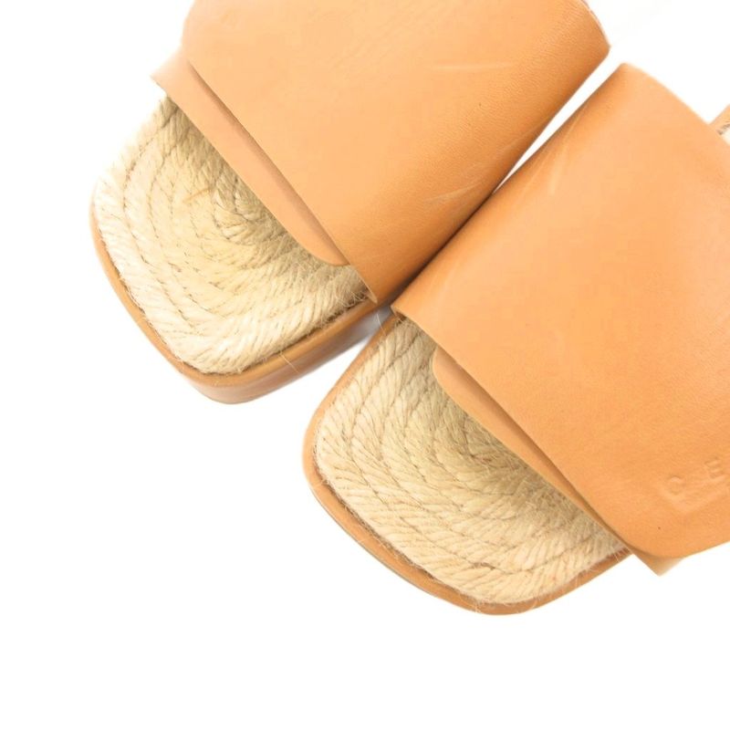 Celine Wedge Sole Sandals Mules Jute Leather 36 Logo Brown GV