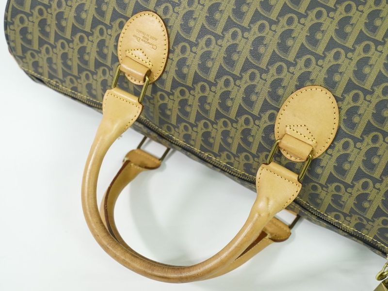 Authentic Christian DIOR Trotter Boston Bag Handbag Travel Bag Canvas Beige