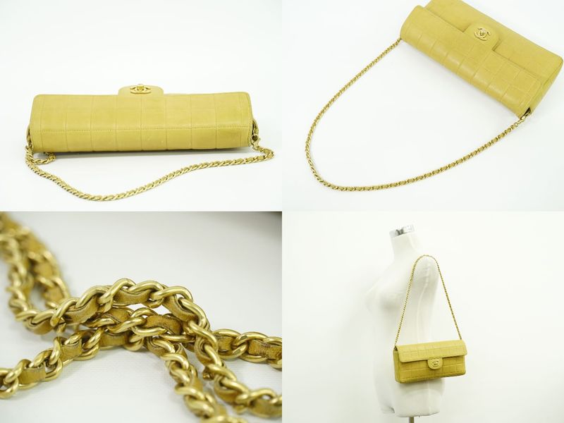 Authentic Chanel Chocolate Bar Chain Shoulder Bag Leather Beige Chocolate Bar