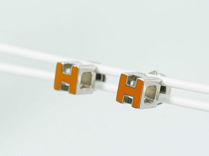 Authentic Hermes H Cube Earrings Metal Silver Hardware Orange Accessories