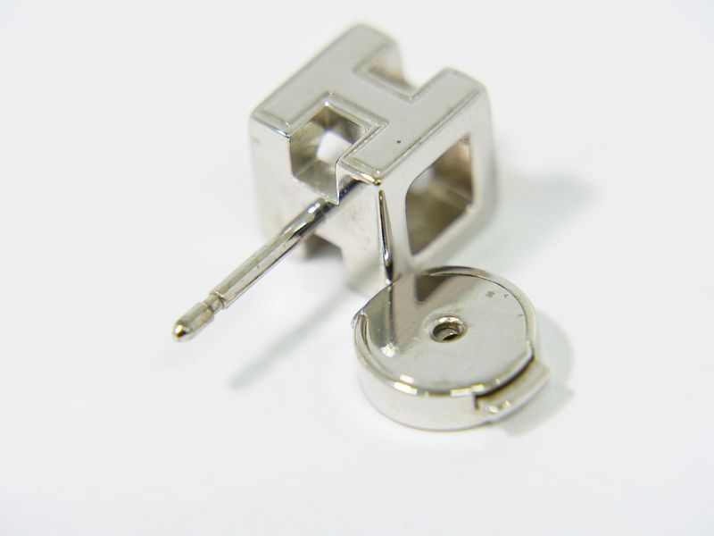 Authentic Hermes H Cube Earrings Metal Silver Hardware Orange Accessories